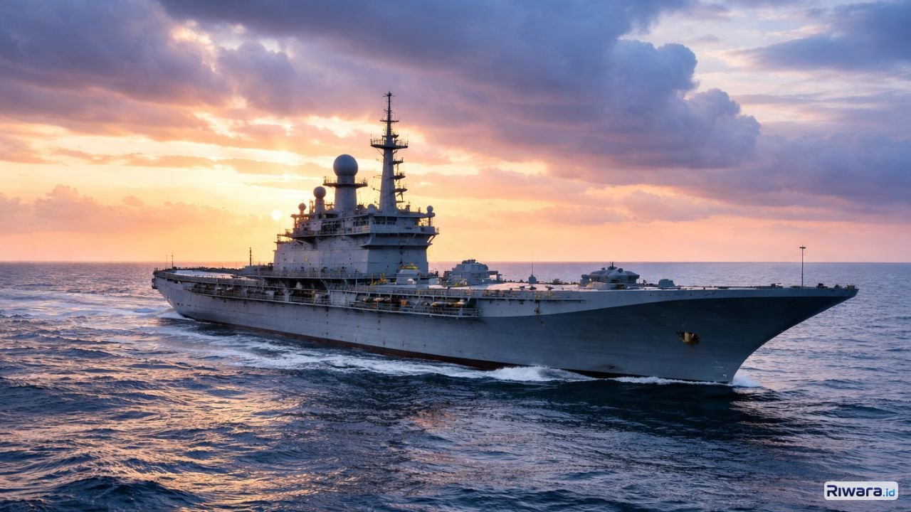 Kapal induk Giuseppe Garibaldi milik Italia berlayar di laut lepas. Indonesia berencana mengakuisisi kapal ini sebagai bagian dari penguatan kemampuan pertahanan maritim nasional.